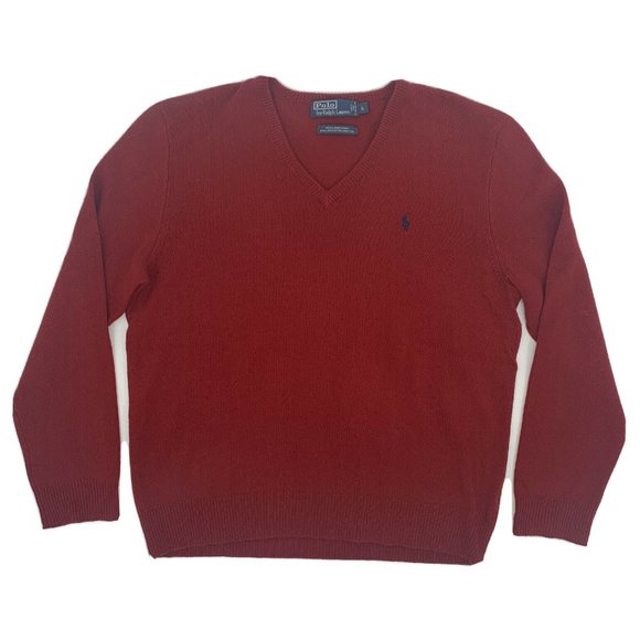 Men's Polo by Ralph Lauren Long Sleeve V-Neck‎ Sweater Red Large 100% Lambs Wool - Picture 1 of 10